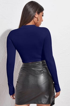 Vitaliselanfashion Kadın Lacivert Göğüs Dekolteli Uzun Kollu Cut Out Crop Top Bluz