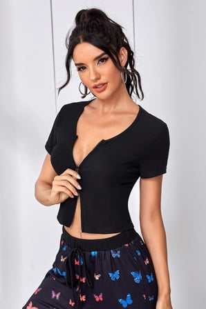 Vitaliselanfashion Kadın Siyah Çift Fermuarlı Yarım Kol Crop Top Bluz