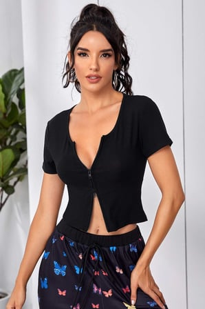 Vitaliselanfashion Kadın Siyah Çift Fermuarlı Yarım Kol Crop Top Bluz