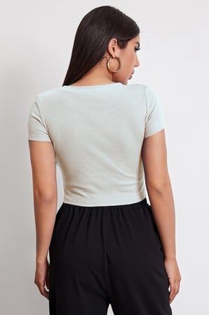 Vitaliselanfashion Kadın Beyaz Yuvarlak Yaka Yarım Kol Crop Top Bluz