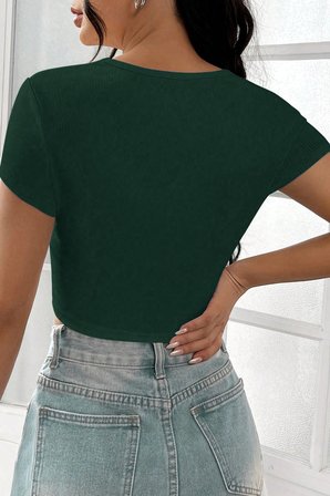 Vitaliselanfashion Kadın Yeşil Yarım Kol Düz Yaka Crop Top Bluz