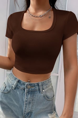 Vitaliselanfashion Kadın Kahverengi Yarım Kol Düz Yaka Crop Top Bluz