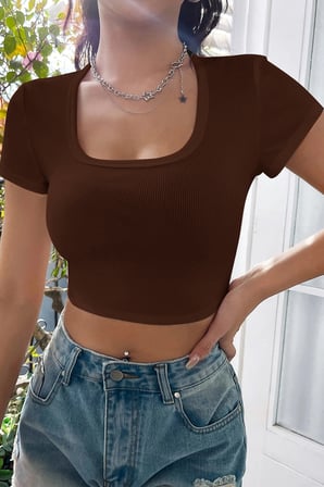 Vitaliselanfashion Kadın Kahverengi Yarım Kol Düz Yaka Crop Top Bluz
