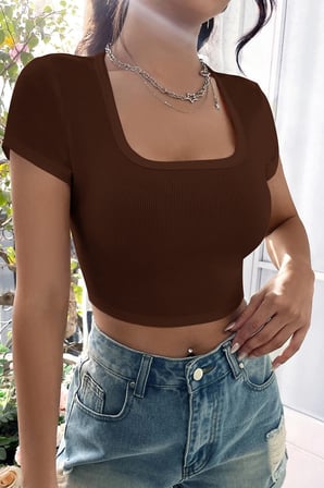 Vitaliselanfashion Kadın Kahverengi Yarım Kol Düz Yaka Crop Top Bluz