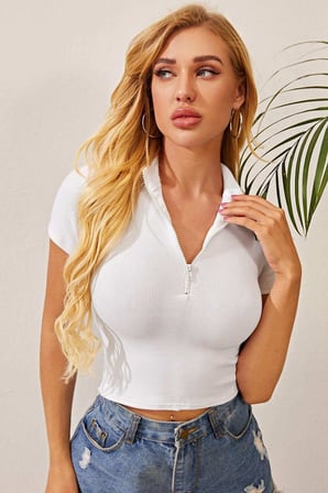Vitaliselanfashion Kadın Beyaz Yarım Fermuarlı ve Kısa Kollu Crop Top Bluz