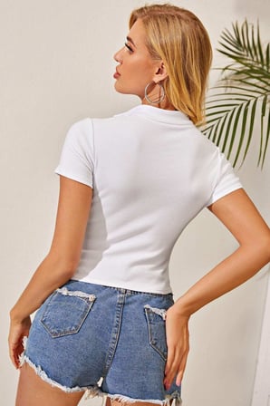 Vitaliselanfashion Kadın Beyaz Yarım Fermuarlı ve Kısa Kollu Crop Top Bluz