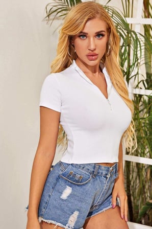 Vitaliselanfashion Kadın Beyaz Yarım Fermuarlı ve Kısa Kollu Crop Top Bluz