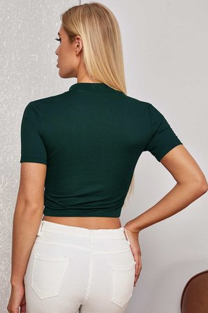 Vitaliselanfashion Kadın Yeşil Yarım Fermuarlı ve Kısa Kollu Crop Top Bluz