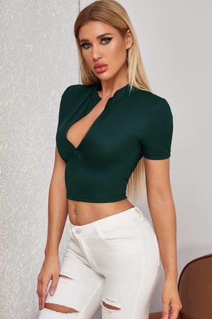 Vitaliselanfashion Kadın Yeşil Yarım Fermuarlı ve Kısa Kollu Crop Top Bluz