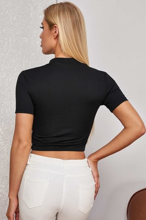 Vitaliselanfashion Kadın Siyah Yarım Fermuarlı ve Kısa Kollu Crop Top Bluz