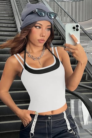 Vitaliselanfashion Kadın Siyah Beyaz Çift Renk Çapraz Askılı Crop Top Bluz