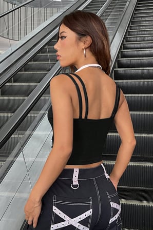 Vitaliselanfashion Kadın Beyaz Siyah Çift Renk Çapraz Askılı Crop Top Bluz