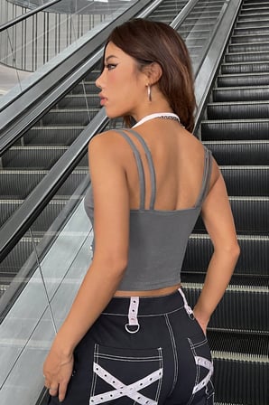 Vitaliselanfashion Kadın Antrasit Gri Beyaz Çift Renk Çapraz Askılı Crop Top Bluz