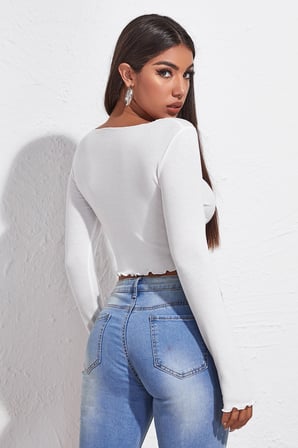 Vitaliselanfashion Kadın Beyaz Uzun Kollu Büzdürme Bağcık Detaylı Crop Top Bluz