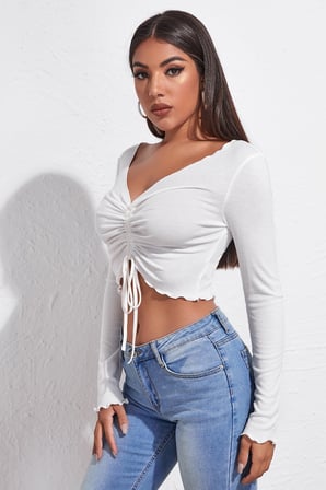 Vitaliselanfashion Kadın Beyaz Uzun Kollu Büzdürme Bağcık Detaylı Crop Top Bluz