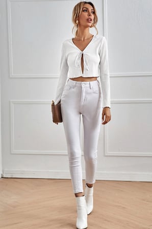Vitaliselanfashion Kadın Beyaz Uzun Kollu Önden Bağlama Detaylı Crop Top Bluz