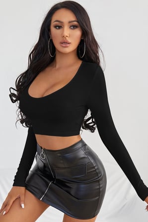 Vitaliselanfashion Kadın Siyah Uzun Kol Kare Yaka Crop Top Bluz