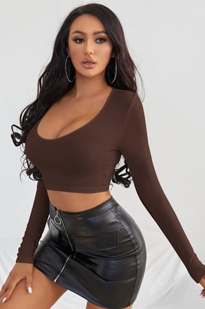 Vitaliselanfashion Kadın Kahverengi Uzun Kol Kare Yaka Crop Top Bluz