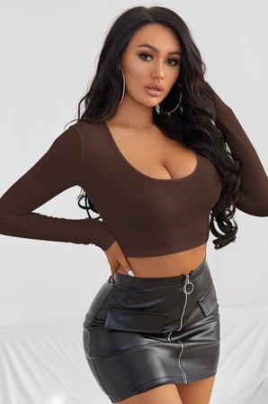 Vitaliselanfashion Kadın Kahverengi Uzun Kol Kare Yaka Crop Top Bluz