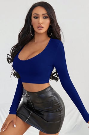 Vitaliselanfashion Kadın Mavi Uzun Kol Kare Yaka Crop Top Bluz