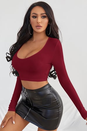 Vitaliselanfashion Kadın Bordo Uzun Kol Kare Yaka Crop Top Bluz