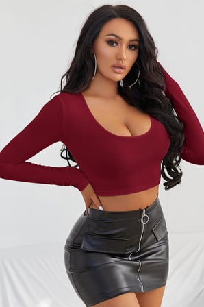 Vitaliselanfashion Kadın Bordo Uzun Kol Kare Yaka Crop Top Bluz