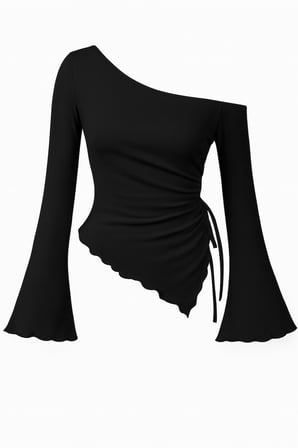 Vitaliselanfashion Kadın Siyah Uzun İspanyol Kollu Asimetirik Yaka Yandan Bağlamalı Drapeli Bluz