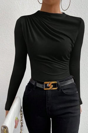 Vitaliselanfashion Kadın Siyah Belden ve Boyundan Büzgü Detaylı Uzun Kollu Bluz