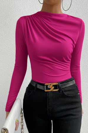 Vitaliselanfashion Kadın Fuşya Belden ve Boyundan Büzgü Detaylı Uzun Kollu Bluz