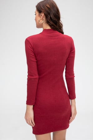 Vitaliselanfashion Kadın Bordo Kaşkorse Balıkçı Yaka Uzun Kollu Bodycon Mini Elbise