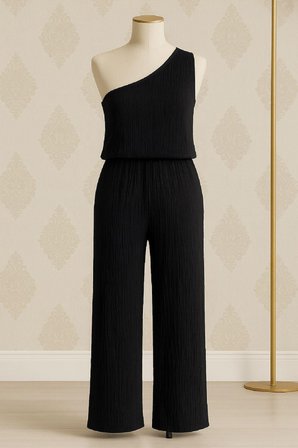 Vitaliselanfashion Kadın Siyah Tek Omuzlu Şık Bluz & Geniş Paça Pantolon İkili Takım