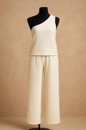 Vitaliselanfashion Kadın Beyaz Tek Omuzlu Şık Bluz & Geniş Paça Pantolon İkili Takım