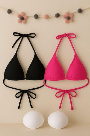 Vitaliselanfashion Kadın Siyah ve Fuşya Minimal Kesim Üçgen Bikini Üstü