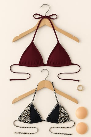 Vitaliselanfashion Kadın Leopar Desenli ve Bordo Minimal Kesim Üçgen Bikini Üstü