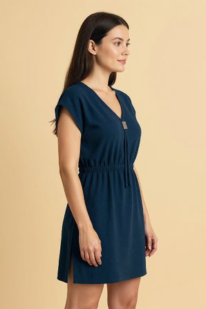 Vitaliselanfashion Kadın Lacivert Yanları Yırtmaçlı Tokalı V Yaka Mini Plaj Elbisesi