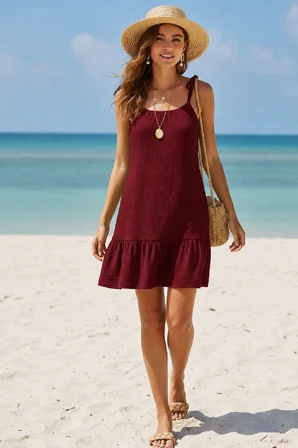 Vitaliselanfashion Kadın Bordo Askılı Bol Kesim Fırfırlı Plaj Elbisesi