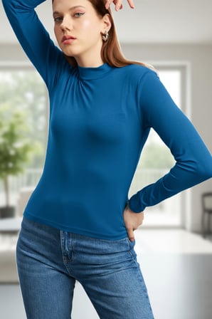 Vitaliselanfashion Kadın Mavi Parmak Detaylı Esnek Uzun Kollu Body