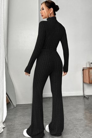 Vitaliselanfashion Kadın Siyah Boğazlı Crop Top ve Yüksek Bel Eşofman Takımı Spor Şık Kombin