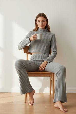 Vitaliselanfashion Kadın Fitilli Eşofman Takımı – Gri Boğazlı Crop Üst & İspanyol Paça Pantolon, Esnek Rahat Kalıp