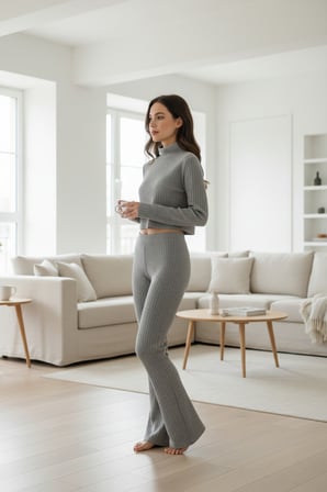 Vitaliselanfashion Kadın Fitilli Eşofman Takımı – Gri Boğazlı Crop Üst & İspanyol Paça Pantolon, Esnek Rahat Kalıp