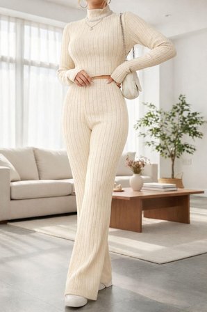 Vitaliselanfashion Kadın Ekru Çizgili Boğazlı Crop Top ve Yüksek Bel Eşofman Takımı Spor Şık Kombin