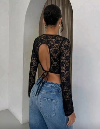Vitaliselanfashion Uzun Kollu Dantel Crop Kadın Arkası Dekolteli Bağcıklı Esnek Şık Üst