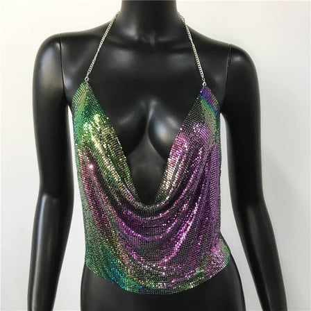 Vitaliselanfashion Parlak Gökuşağı Crop & Bluz Kolsuz Kayık Yaka Zırh Büstiyer