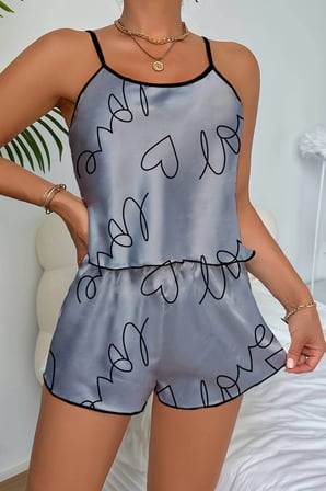 Vitaliselanfashion Love Baskılı Gri Saten Şortlu Gecelik Takım
