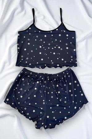 Vitaliselanfashion Yıldız Desenli Lacivert Şortlu Pijama Takımı
