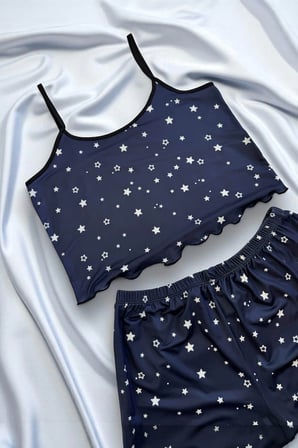 Vitaliselanfashion Yıldız Desenli Lacivert Şortlu Pijama Takımı