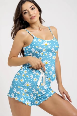Vitaliselanfashion Papatya Baskılı Mavi Askılı Şortlu Pijama Takımı