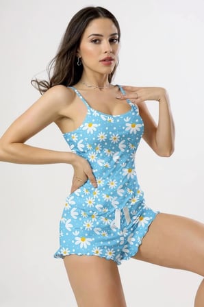 Vitaliselanfashion Papatya Baskılı Mavi Askılı Şortlu Pijama Takımı