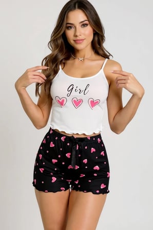Vitaliselanfashion Kalp Desenli Askılı Şortlu Pijama Takımı
