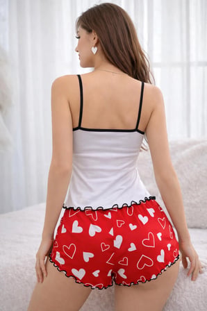 Vitaliselanfashion Renkli Kalp Desenli Askılı Şortlu Kadın Pijama Takımı